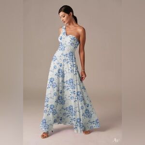 AW Ethel Dress – Blue Botanical Floral One-Shoulder Gown | Size 10